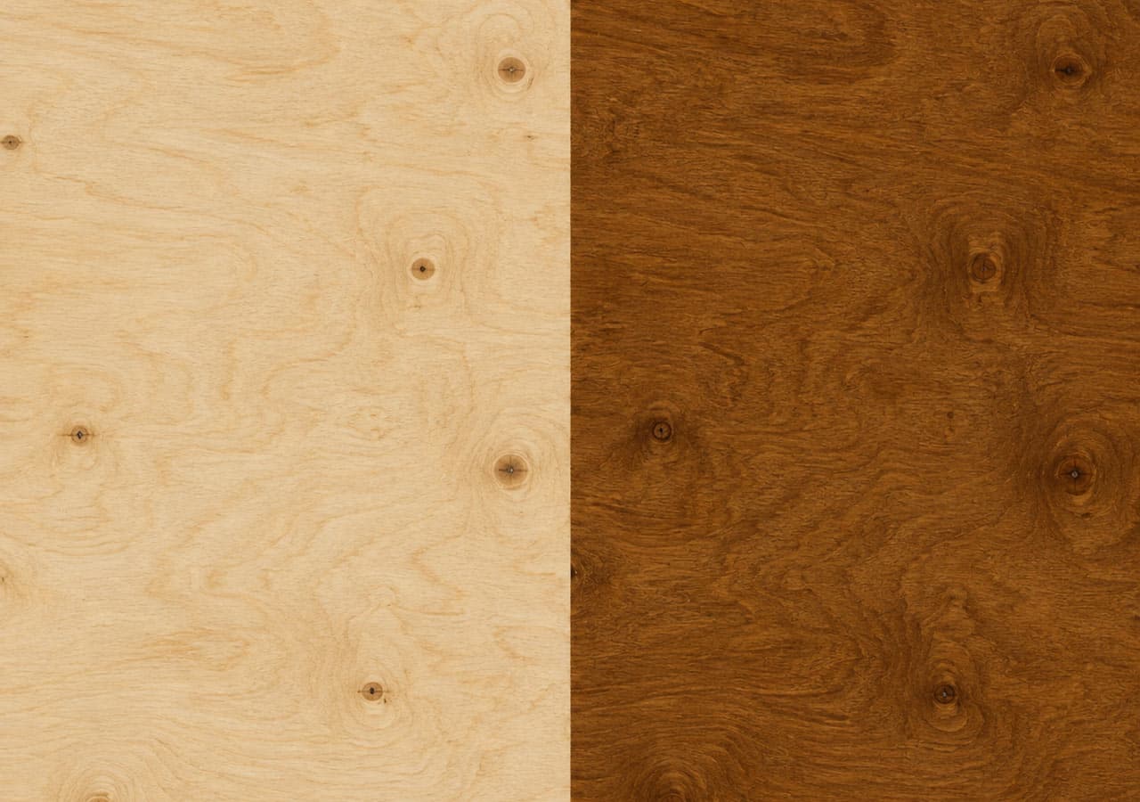Plywood panel unfinished on the left and stained on the right